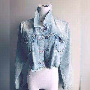 Trendy Light Blue Cropped Denim Jacket 1X